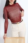 Taşlı Transparan Çıtçıtlı Bodysuit Bordo